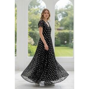 Black Sequin Maxi Dress Metallic Diamond V Neck Sz M Flowy Goth Dark Fairy Shiny